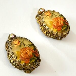 Beautiful Vtg West Germany Rose Ab Rhinestone Earrings